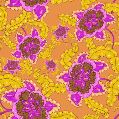 Suluboya desensiz, folky çiçekli ve yapraklı, etnik tarzda. Çiçek süsleme. Geleneksel şal deseni. Tekstil tasarım dokusu. Kabilesel etnik klasik dikişsiz model..