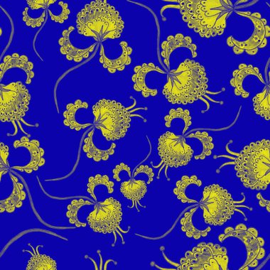 Suluboya desensiz, folky çiçekli ve yapraklı, etnik tarzda. Çiçek süsleme. Geleneksel şal deseni. Tekstil tasarım dokusu. Kabilesel etnik klasik dikişsiz model..