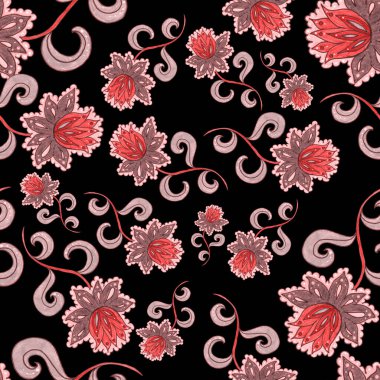 Suluboya desensiz, folky çiçekli ve yapraklı, etnik tarzda. Çiçek süsleme. Geleneksel şal deseni. Tekstil tasarım dokusu. Kabilesel etnik klasik dikişsiz model..