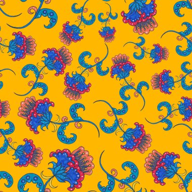 Suluboya desensiz, folky çiçekli ve yapraklı, etnik tarzda. Çiçek süsleme. Geleneksel şal deseni. Tekstil tasarım dokusu. Kabilesel etnik klasik dikişsiz model..