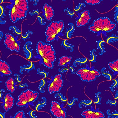 Suluboya desensiz, folky çiçekli ve yapraklı, etnik tarzda. Çiçek süsleme. Geleneksel şal deseni. Tekstil tasarım dokusu. Kabilesel etnik klasik dikişsiz model..