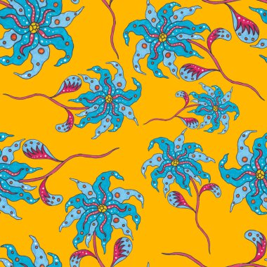 Suluboya desensiz, folky çiçekli ve yapraklı, etnik tarzda. Çiçek süsleme. Geleneksel şal deseni. Tekstil tasarım dokusu. Kabilesel etnik klasik dikişsiz model..