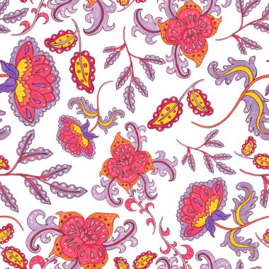 Suluboya desensiz, folky çiçekli ve yapraklı, etnik tarzda. Çiçek süsleme. Geleneksel şal deseni. Tekstil tasarım dokusu. Kabilesel etnik klasik dikişsiz model..