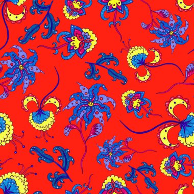 Suluboya desensiz, folky çiçekli ve yapraklı, etnik tarzda. Çiçek süsleme. Geleneksel şal deseni. Tekstil tasarım dokusu. Kabilesel etnik klasik dikişsiz model..