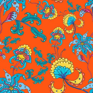 Suluboya desensiz, folky çiçekli ve yapraklı, etnik tarzda. Çiçek süsleme. Geleneksel şal deseni. Tekstil tasarım dokusu. Kabilesel etnik klasik dikişsiz model..