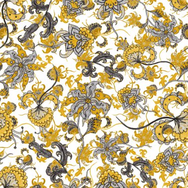 Suluboya desensiz, folky çiçekli ve yapraklı, etnik tarzda. Çiçek süsleme. Geleneksel şal deseni. Tekstil tasarım dokusu. Kabilesel etnik klasik dikişsiz model..