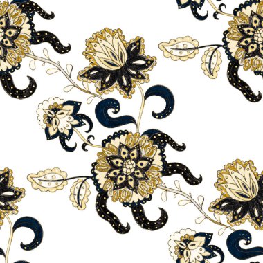 Suluboya desensiz, folky çiçekli ve yapraklı, etnik tarzda. Çiçek süsleme. Geleneksel şal deseni. Tekstil tasarım dokusu. Kabilesel etnik klasik dikişsiz model..