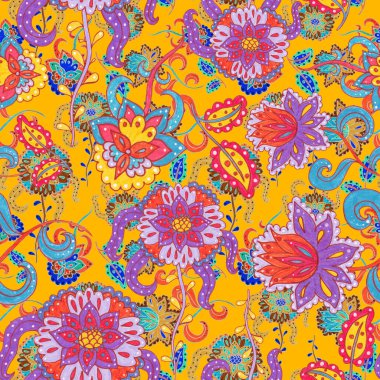 Suluboya desensiz, folky çiçekli ve yapraklı, etnik tarzda. Çiçek süsleme. Geleneksel şal deseni. Tekstil tasarım dokusu. Kabilesel etnik klasik dikişsiz model..