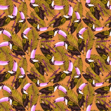 Tukanla dikişsiz suluboya desen. Tropik kuşlu ve yapraklı egzotik botanik orman duvar kağıdı. Parlak yaz şablonu geçmişi.