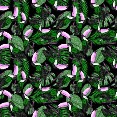 Tukanla dikişsiz suluboya desen. Tropik kuşlu ve yapraklı egzotik botanik orman duvar kağıdı. Parlak yaz şablonu geçmişi.
