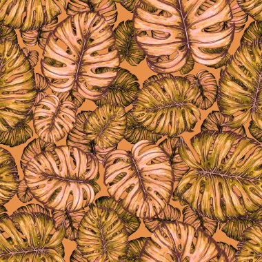 Tropikal yapraklarla suluboya kusursuz desen. Elle çizilmiş egzotik bitkilerle çok güzel bir iz. Mayo botanik tasarımı.