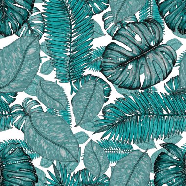 Tropikal yapraklarla suluboya kusursuz desen. Elle çizilmiş egzotik bitkilerle çok güzel bir iz. Mayo botanik tasarımı.