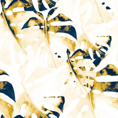 Renkli ve soyut tropikal yapraklı suluboya desenli. Egzotik bitkilerle dolu parlak yaz baskısı. Yaratıcı trend botanik tekstil tasarımı.