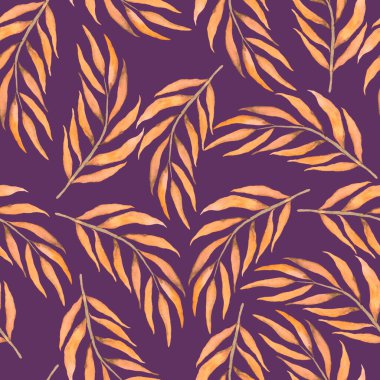 Vintage yapraklı suluboya desenli. Dekoratif tasarım için renkli yaprakları olan güzel bir botanik baskısı. Parlak bahar ya da yaz arkaplanı. Klasik düğün dekoru. Tekstil tasarımı.