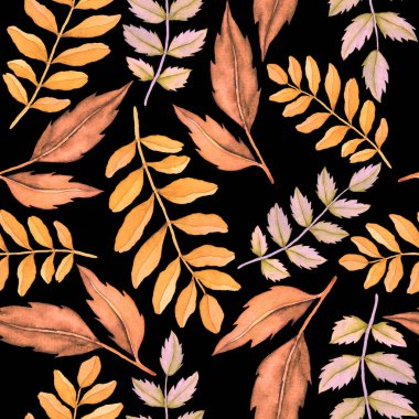 Vintage yapraklı suluboya desenli. Dekoratif tasarım için renkli yaprakları olan güzel bir botanik baskısı. Parlak bahar ya da yaz arkaplanı. Klasik düğün dekoru. Tekstil tasarımı.