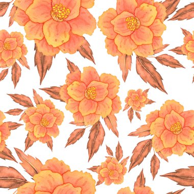 Çiçeklerle suluboya kusursuz desen. Klasik çiçek desenleri. Çiçeksiz desen. Botanik sanatı. Çiçek botanik koleksiyonu. Çiçek seti. Suluboya botanik tasarımı.