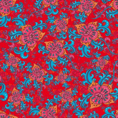 Suluboya desensiz, folky çiçekli ve yapraklı, etnik tarzda. Çiçek süsleme. Geleneksel şal deseni. Tekstil tasarım dokusu. Kabilesel etnik klasik dikişsiz model..