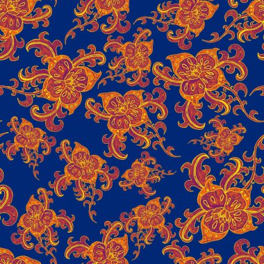 Suluboya desensiz, folky çiçekli ve yapraklı, etnik tarzda. Çiçek süsleme. Geleneksel şal deseni. Tekstil tasarım dokusu. Kabilesel etnik klasik dikişsiz model..