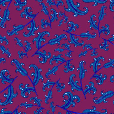 Suluboya desensiz, folky çiçekli ve yapraklı, etnik tarzda. Çiçek süsleme. Geleneksel şal deseni. Tekstil tasarım dokusu. Kabilesel etnik klasik dikişsiz model..