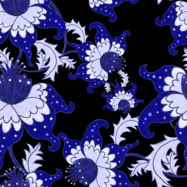 Suluboya desensiz, folky çiçekli ve yapraklı, etnik tarzda. Çiçek süsleme. Geleneksel şal deseni. Tekstil tasarım dokusu. Kabilesel etnik klasik dikişsiz model..