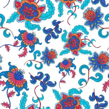 Suluboya desensiz, folky çiçekli ve yapraklı, etnik tarzda. Çiçek süsleme. Geleneksel şal deseni. Tekstil tasarım dokusu. Kabilesel etnik klasik dikişsiz model..