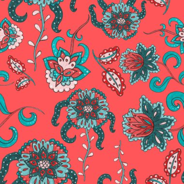 Suluboya desensiz, folky çiçekli ve yapraklı, etnik tarzda. Çiçek süsleme. Geleneksel şal deseni. Tekstil tasarım dokusu. Kabilesel etnik klasik dikişsiz model..