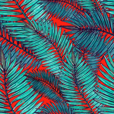 Tropikal yapraklarla suluboya kusursuz desen. Elle çizilmiş egzotik bitkilerle çok güzel bir iz. Mayo botanik tasarımı.