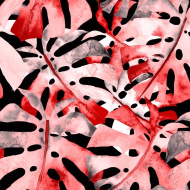 Renkli ve soyut tropikal yapraklı suluboya desenli. Egzotik bitkilerle dolu parlak yaz baskısı. Yaratıcı trend botanik tekstil tasarımı.