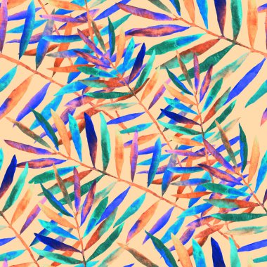 Renkli ve soyut tropikal yapraklı suluboya desenli. Egzotik bitkilerle dolu parlak yaz baskısı. Yaratıcı trend botanik tekstil tasarımı.