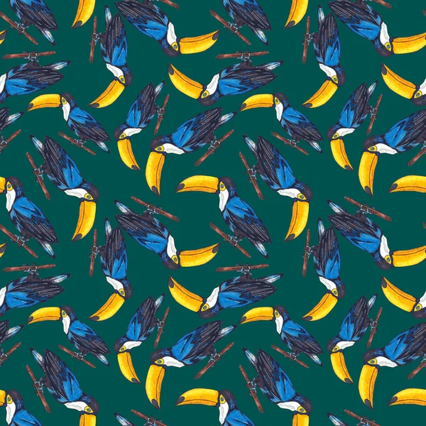 Bezszwowy Wzór Akwarelowy Tukanem Egzotyczne Botaniczne Tapety Dżungli Tropikalnego Ptaka — Zdjęcie stockowe