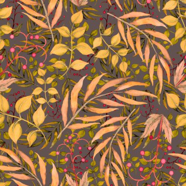 Vintage yapraklı suluboya desenli. Dekoratif tasarım için renkli yaprakları olan güzel bir botanik baskısı. Parlak bahar ya da yaz arkaplanı. Klasik düğün dekoru. Tekstil tasarımı.