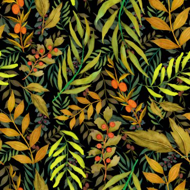 Vintage yapraklı suluboya desenli. Dekoratif tasarım için renkli yaprakları olan güzel bir botanik baskısı. Parlak bahar ya da yaz arkaplanı. Klasik düğün dekoru. Tekstil tasarımı.