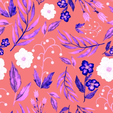 Çiçeklerle suluboya kusursuz desen. Klasik çiçek desenleri. Çiçeksiz desen. Botanik sanatı. Çiçek botanik koleksiyonu. Çiçek seti. Suluboya botanik tasarımı.