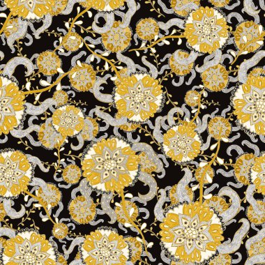 Suluboya desensiz, folky çiçekli ve yapraklı, etnik tarzda. Çiçek süsleme. Geleneksel şal deseni. Tekstil tasarım dokusu. Kabilesel etnik klasik dikişsiz model..