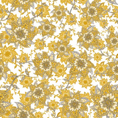 Suluboya desensiz, folky çiçekli ve yapraklı, etnik tarzda. Çiçek süsleme. Geleneksel şal deseni. Tekstil tasarım dokusu. Kabilesel etnik klasik dikişsiz model..