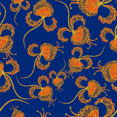 Suluboya desensiz, folky çiçekli ve yapraklı, etnik tarzda. Çiçek süsleme. Geleneksel şal deseni. Tekstil tasarım dokusu. Kabilesel etnik klasik dikişsiz model..