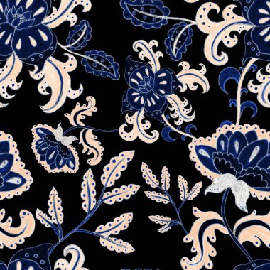 Suluboya desensiz, folky çiçekli ve yapraklı, etnik tarzda. Çiçek süsleme. Geleneksel şal deseni. Tekstil tasarım dokusu. Kabilesel etnik klasik dikişsiz model..