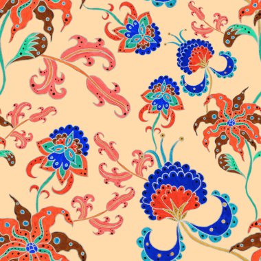 Suluboya desensiz, folky çiçekli ve yapraklı, etnik tarzda. Çiçek süsleme. Geleneksel şal deseni. Tekstil tasarım dokusu. Kabilesel etnik klasik dikişsiz model..