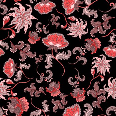 Suluboya desensiz, folky çiçekli ve yapraklı, etnik tarzda. Çiçek süsleme. Geleneksel şal deseni. Tekstil tasarım dokusu. Kabilesel etnik klasik dikişsiz model..