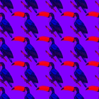 Tukanla dikişsiz suluboya desen. Tropik kuşlu ve yapraklı egzotik botanik orman duvar kağıdı. Parlak yaz şablonu geçmişi.