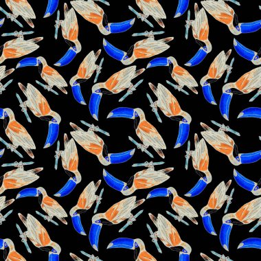 Tukanla dikişsiz suluboya desen. Tropik kuşlu ve yapraklı egzotik botanik orman duvar kağıdı. Parlak yaz şablonu geçmişi.