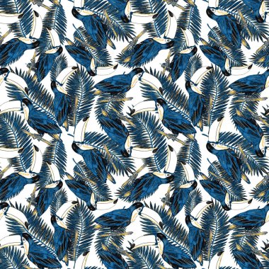 Tukanla dikişsiz suluboya desen. Tropik kuşlu ve yapraklı egzotik botanik orman duvar kağıdı. Parlak yaz şablonu geçmişi.