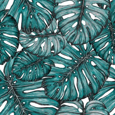Tropikal yapraklarla suluboya kusursuz desen. Elle çizilmiş egzotik bitkilerle çok güzel bir iz. Mayo botanik tasarımı.