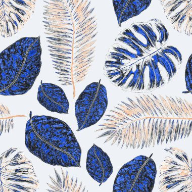 Tropikal yapraklarla suluboya kusursuz desen. Elle çizilmiş egzotik bitkilerle çok güzel bir iz. Mayo botanik tasarımı.