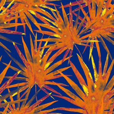 Renkli ve soyut tropikal yapraklı suluboya desenli. Egzotik bitkilerle dolu parlak yaz baskısı. Yaratıcı trend botanik tekstil tasarımı.