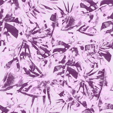 Renkli ve soyut tropikal yapraklı suluboya desenli. Egzotik bitkilerle dolu parlak yaz baskısı. Yaratıcı trend botanik tekstil tasarımı.