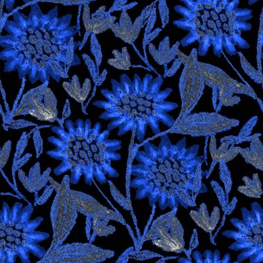 Balmumu pastel boyalarla çizilmiş soyut çiçekleri olan yaratıcı, pürüzsüz desen. Parlak renkli çiçek deseni.