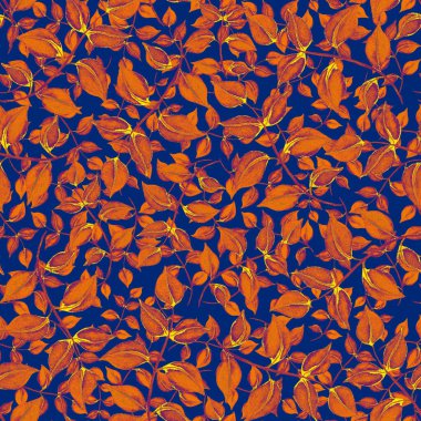 Vintage yapraklı suluboya desenli. Dekoratif tasarım için renkli yaprakları olan güzel bir botanik baskısı. Parlak bahar ya da yaz arkaplanı. Klasik düğün dekoru. Tekstil tasarımı.