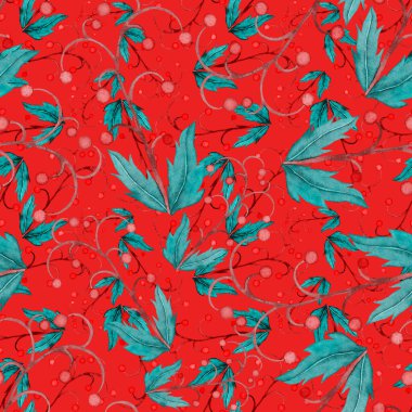 Vintage yapraklı suluboya desenli. Dekoratif tasarım için renkli yaprakları olan güzel bir botanik baskısı. Parlak bahar ya da yaz arkaplanı. Klasik düğün dekoru. Tekstil tasarımı.