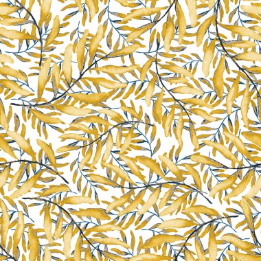 Vintage yapraklı suluboya desenli. Dekoratif tasarım için renkli yaprakları olan güzel bir botanik baskısı. Parlak bahar ya da yaz arkaplanı. Klasik düğün dekoru. Tekstil tasarımı.